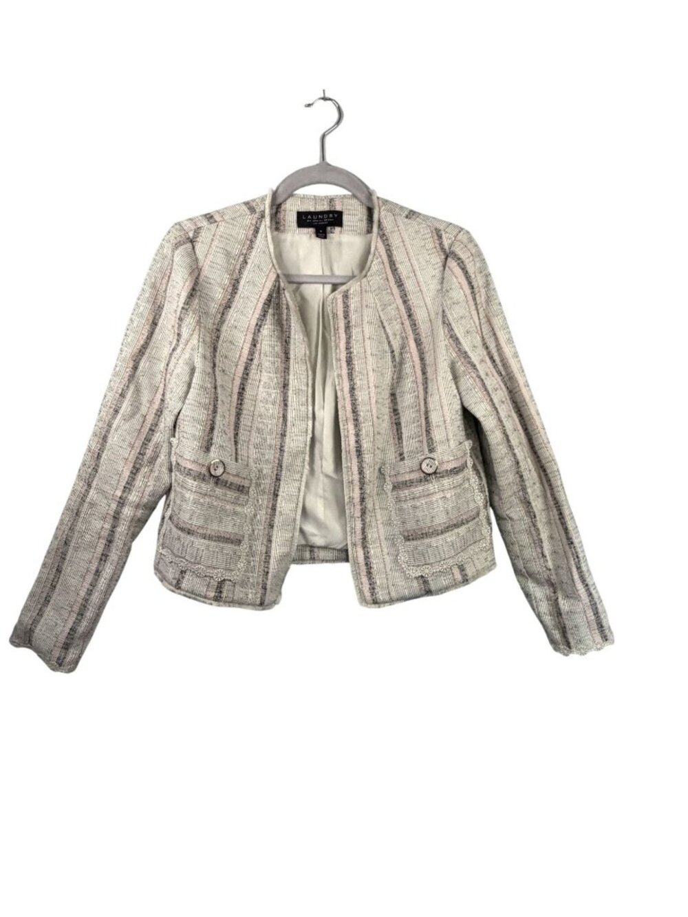 Laundry By Shelli Segal Striped Open Front Tweed Jacket Size 6 Pink Gray White